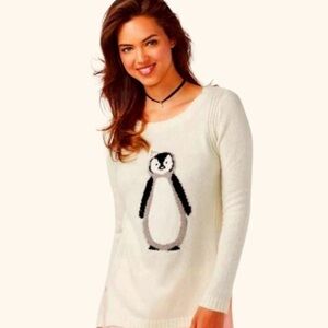 Lauren Conrad Ivory Cream Penguin Knit Sweater Diamond Rhinestone Novelty Sz S